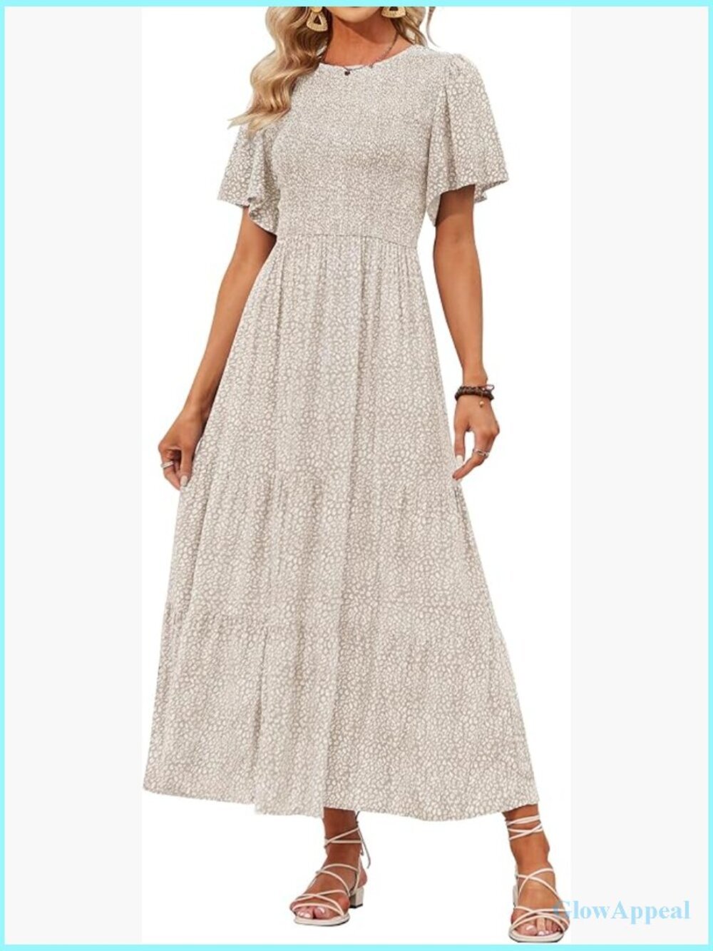Boho Floral Tiered Maxi Dress, Short Flutter Sleeve, Smocked